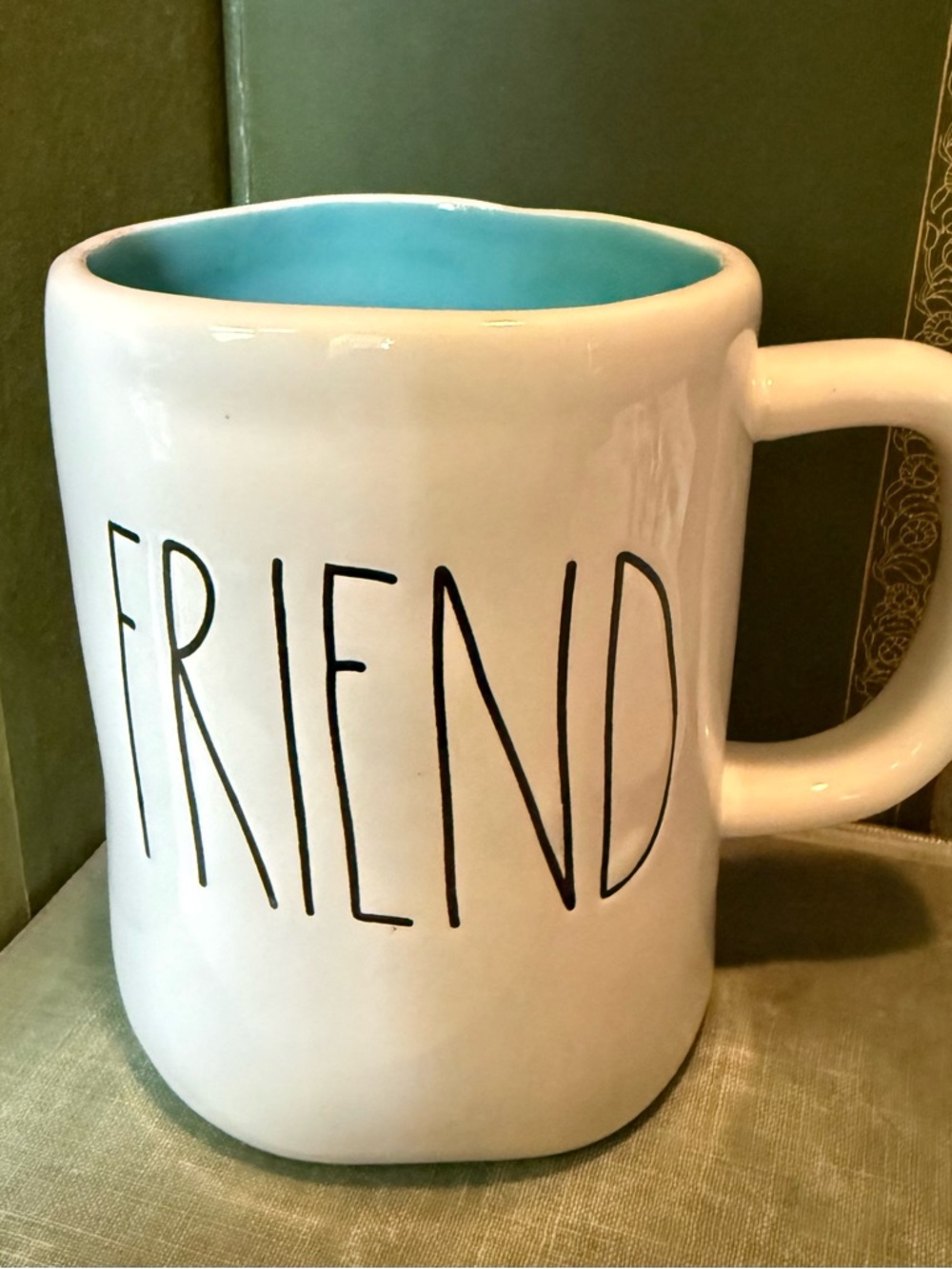 Rae Dunn “FRIEND” Mug • Turquoise Interior • Farmhouse Decor